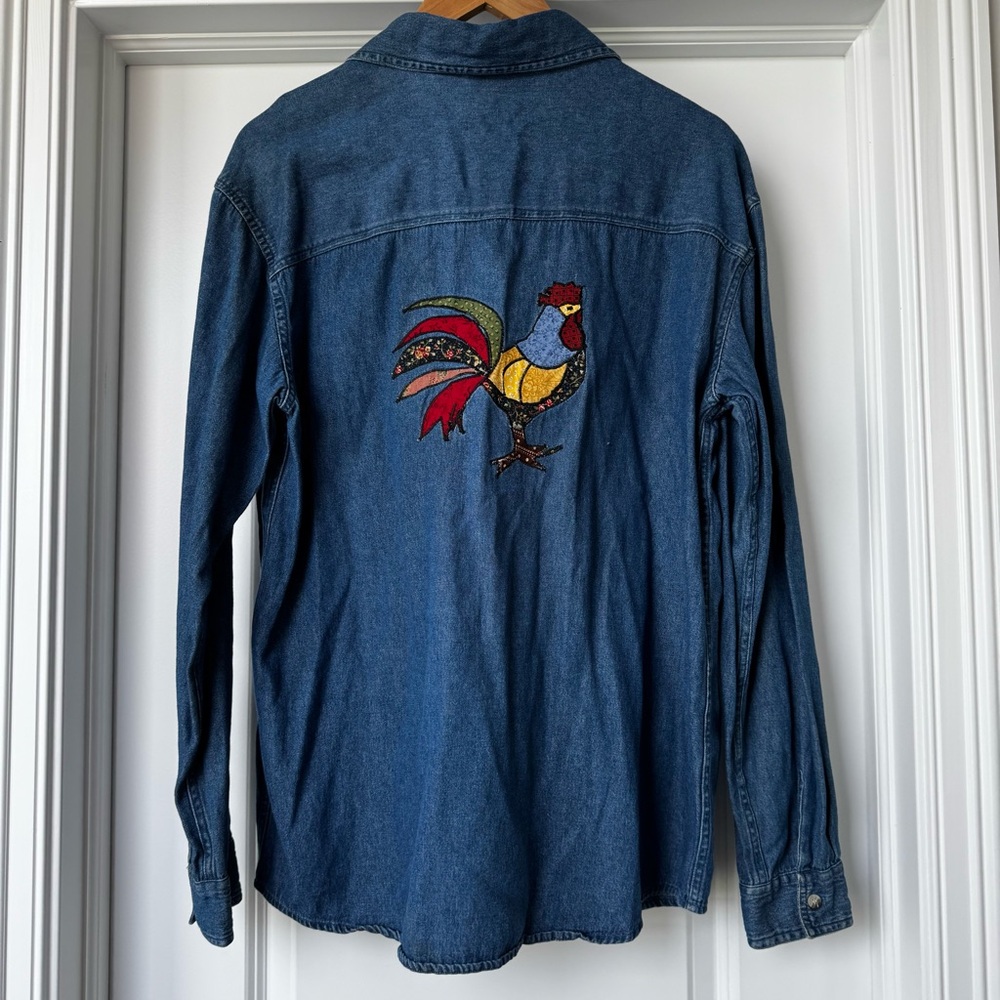 Vintage Denim Shirt Rooster Embroidered Cottagecore Farm Western Folk S/M - Picture 3 of 8